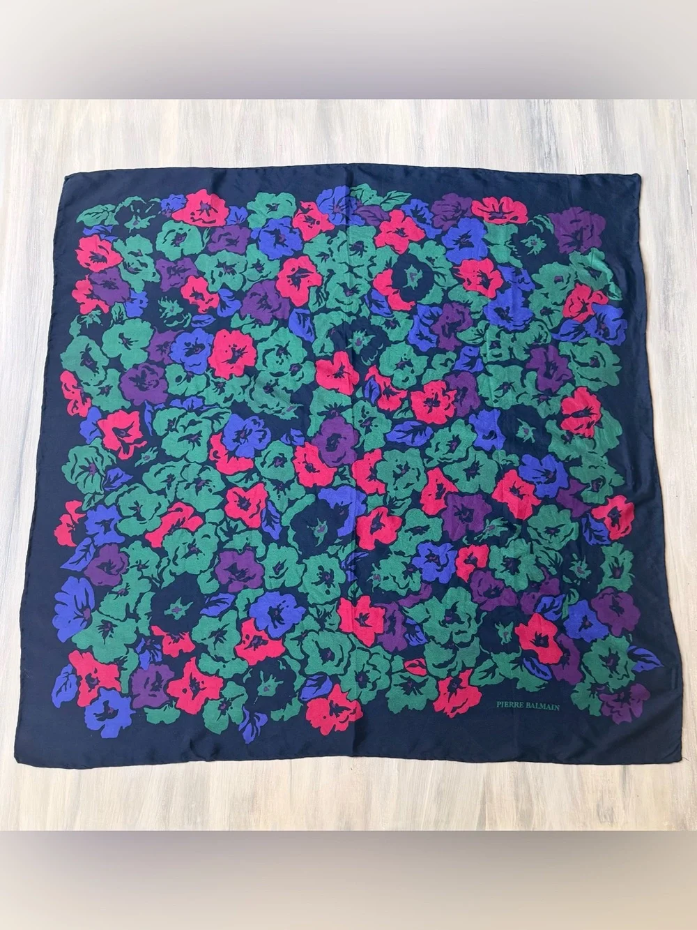 Balmain Navy Floral Silk Scarf Cottagecore Green Purple Pink Blooms